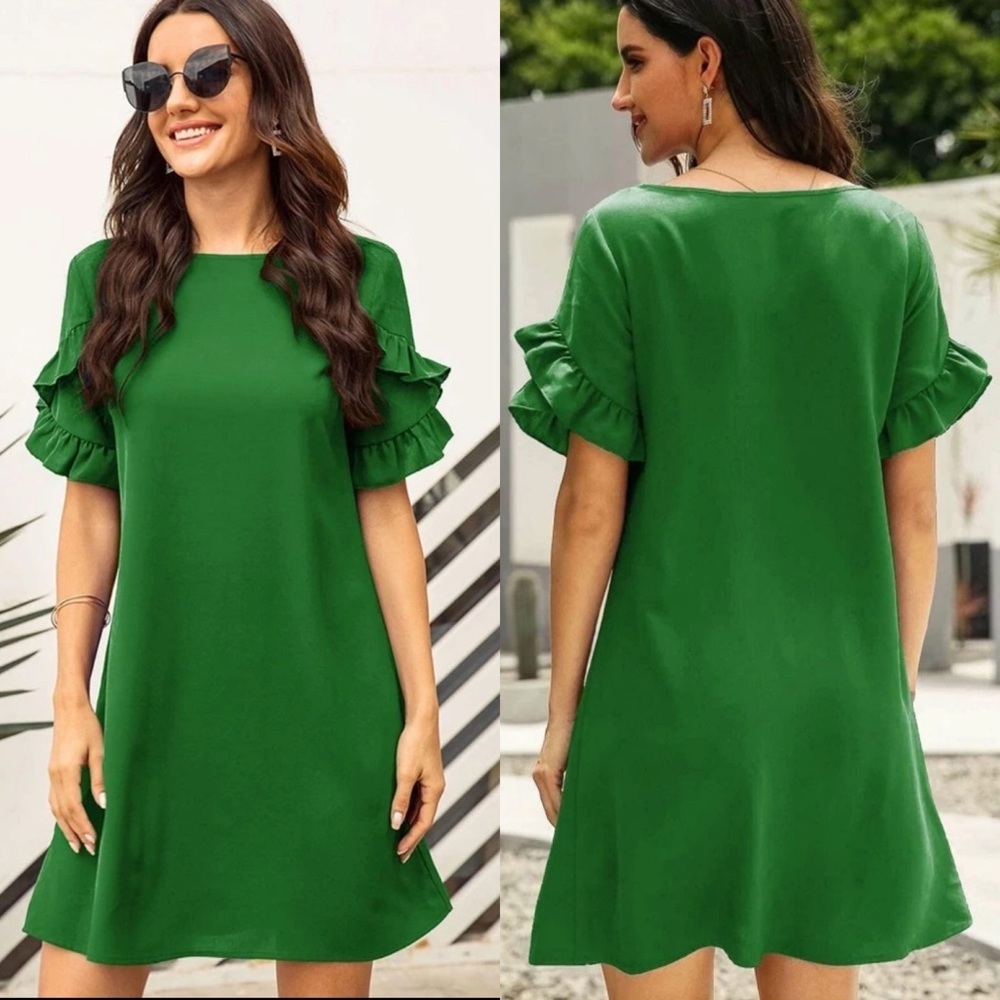 Ruffled frill short sleeve tunic dress green - Picture 1 of 4